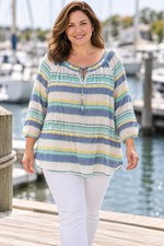 Chaps Women's Plus Cotton Striped Peasant Top Relaxed Fit 3X Blue / Gre coastal