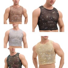 Men Crop Tank Glittery See Through Vest Sparkly Shirts Jazz Latin Dance Sequins