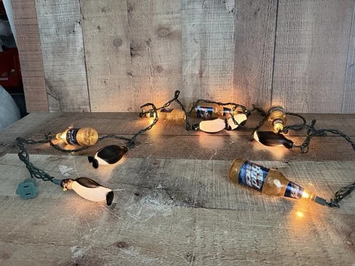 Vintage Budweiser Bud Ice Beer Bottle & Penguins String Light 12 Ft Set Tested