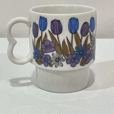 Mid Century Stacking Mug Heart Handle Blue Floral Tulips Stylecraft Japan