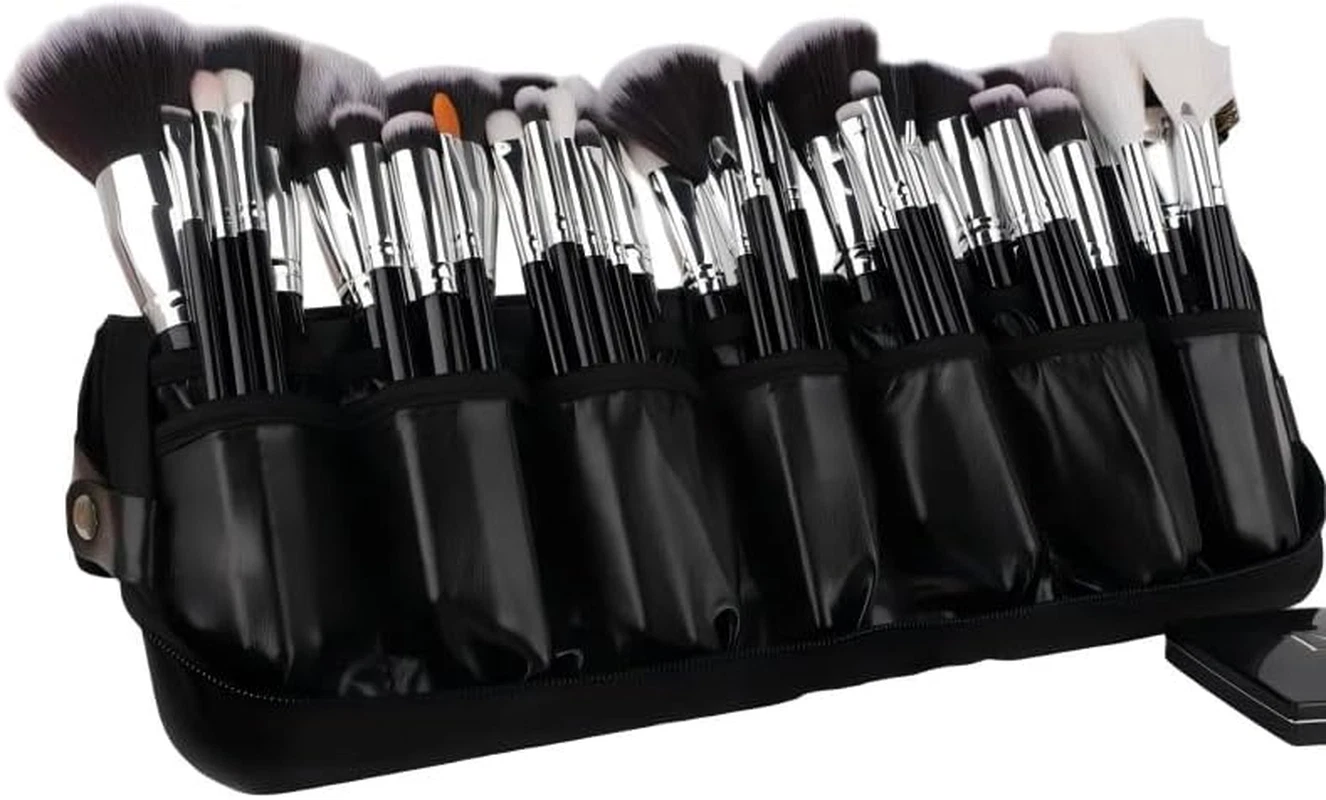 Professional Makeup Brush Organizer Bag - Leather Travel Case | Portable Cosmeti