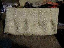 Vintage Beaded Clutch Purse Cream Ivory Pearl Like Leaf Accents Lined, Zipper