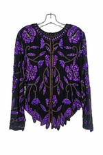 Vintage Sequin Silk Embellished Jacket S 80s Purple Evening Cocktail Occasion
