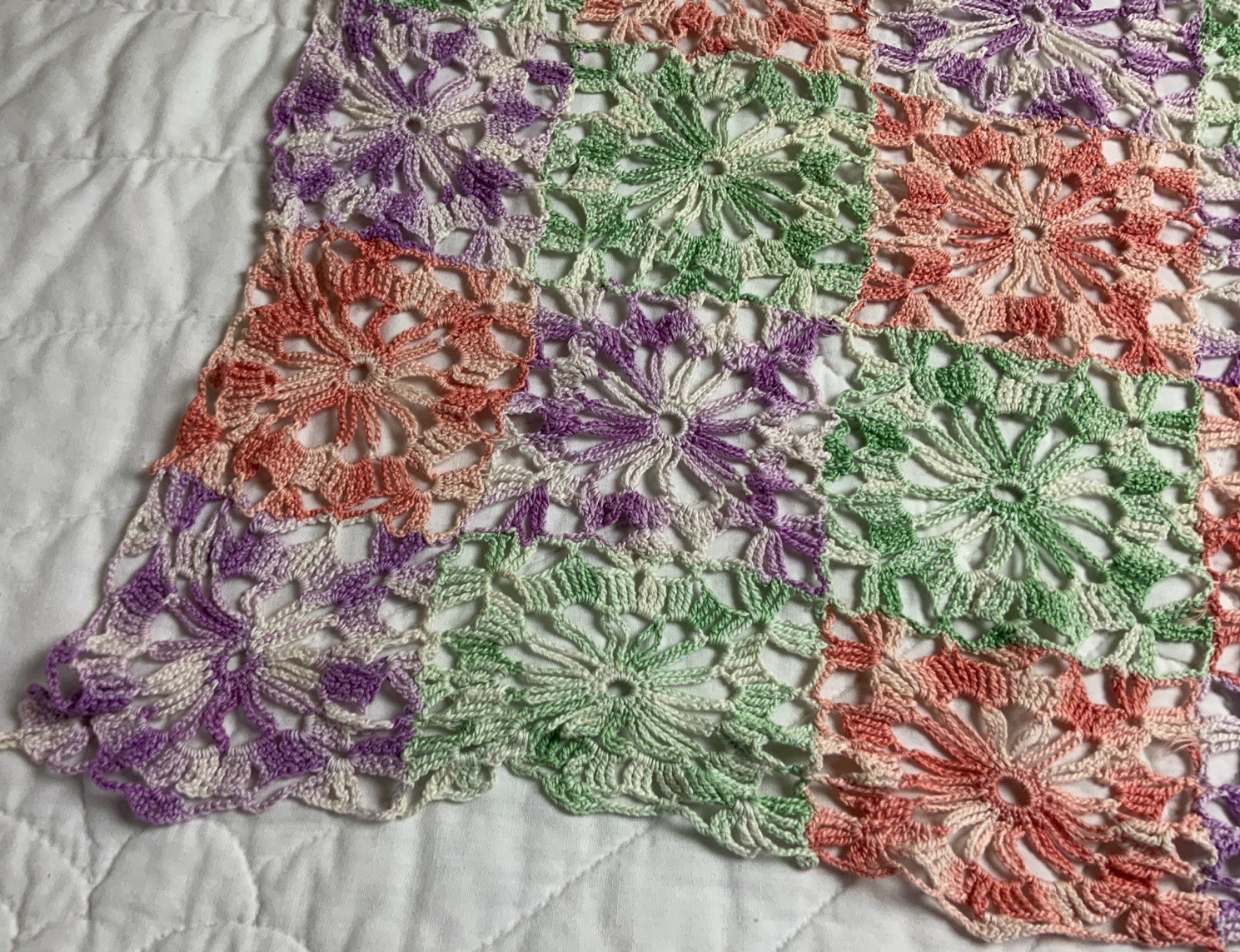 Vintage Dresser Scarf Or Table Runner, Hand Crocheted, Flower Design, Multi