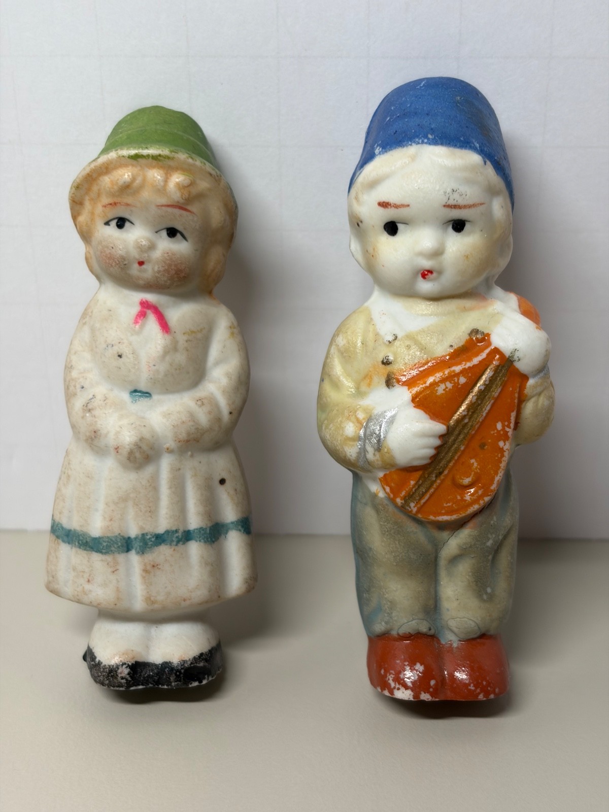 2 Pair Vintage Frozen Charlotte-Penny Dolls / Bisque Japan /Rare Guitar Mandolin