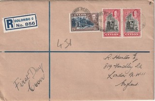 CEYLON: First Day Cover Registered FDC Colombo 1938.