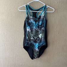 Zero Xposure girls Swimsuit Size 16 black blue racerback zip up one piece