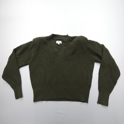 Pistola Camille Shoulder Pads V Neck Knit Sweater Size Medium Olive Crop Cotton