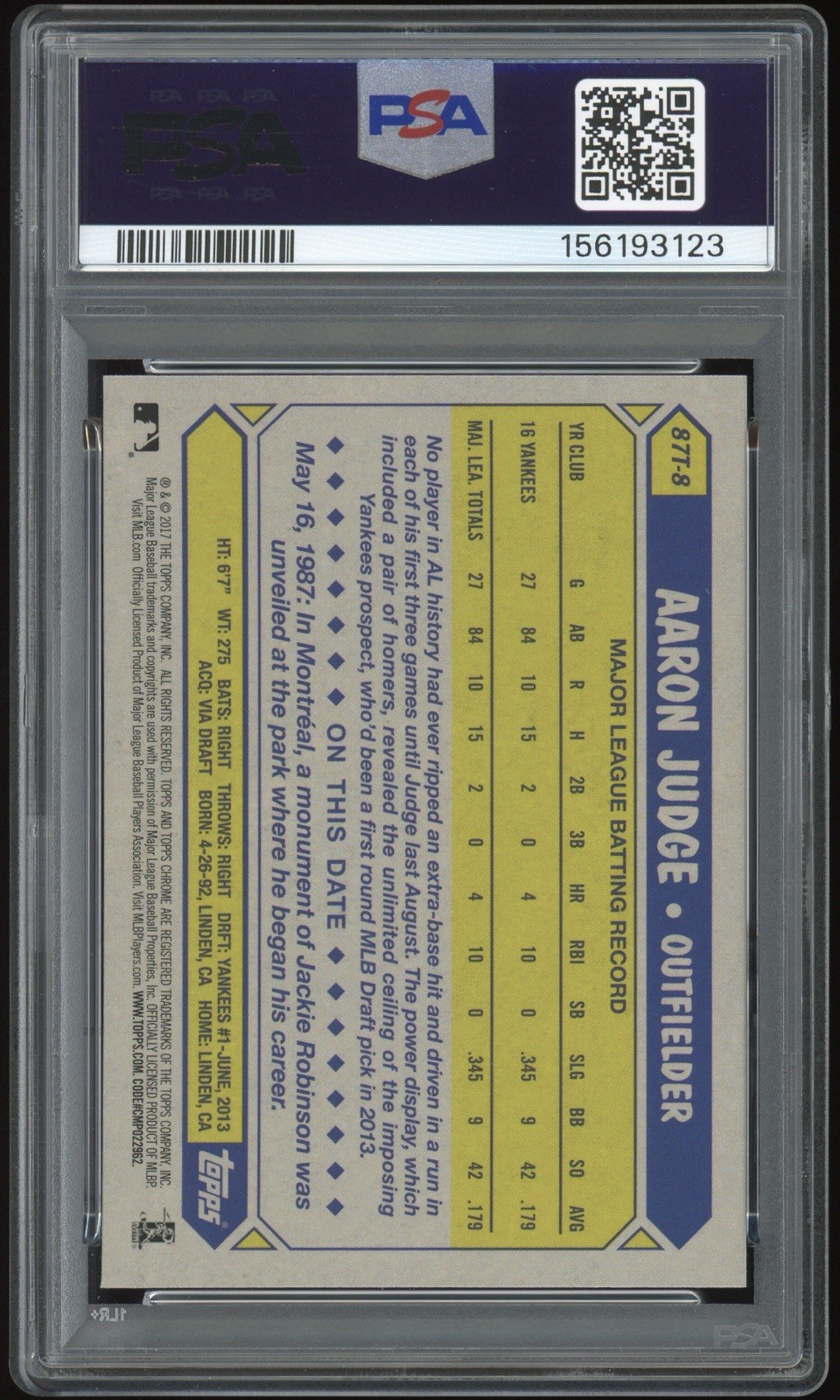 PSA 9 Aaron Judge 2017 Topps Chrome 30th Anniversary 1987 Topps #87T8 Rookie RC view 2