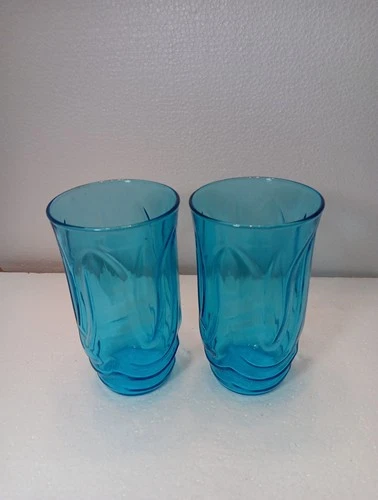 2Vintage Anchor Hocking Colonial Tulip Laser Blue 5.5"  Tumbler  Drinking Glass
