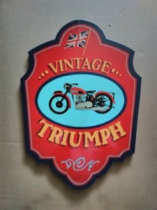HAND CARVED WOOD TRIUMPH MOTORCYCLE SIGN 16.5" X 11.5" X 1" USED