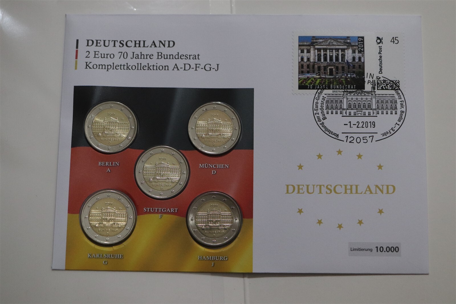🧭 🇩🇪 ALLEMAGNE 5x2 EURO 2019 IN FOLDER COIN COVER BUNDESRAT B79 #176