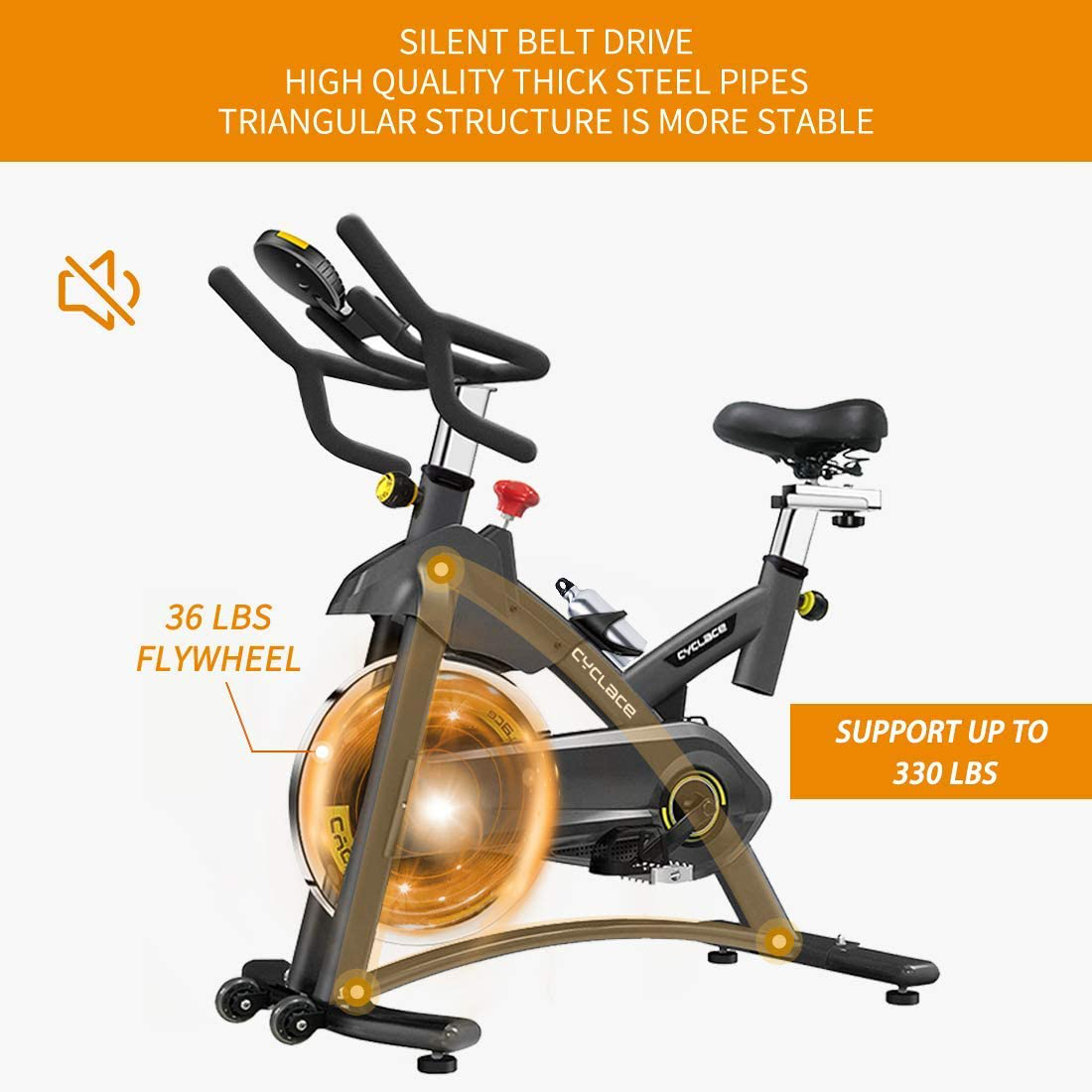CYCLACE EXERCISE BIKE STATIONARY, 330LBS CAPACITY - BLACK
