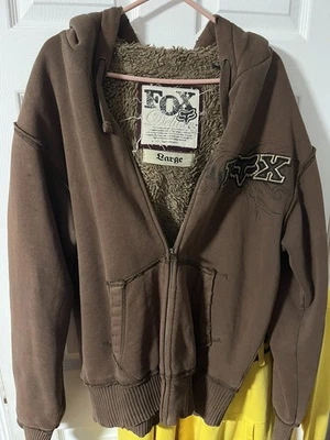 Vintage Fox Racing Sasquatch Hoodie Mens Large Faux Fur Y2K Sherpa Brown Zip - Image 1 of 4