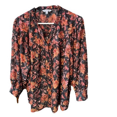 Ophelia Roe 2x Black Floral Semi Sheer Whimsigoth 3/4 Sleeve Button Blouse Chic