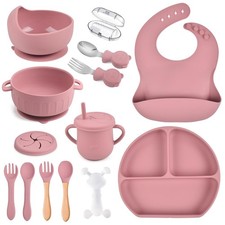 Silicone Baby Feeding Set 15 PCS Suction Bowl Plate Bib Cup Pink Utensils