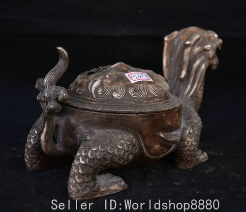 9.2" Old China Silver Fengshui Dragon Tortoise Turtle Beast Incense Burner - Picture 7 of 13