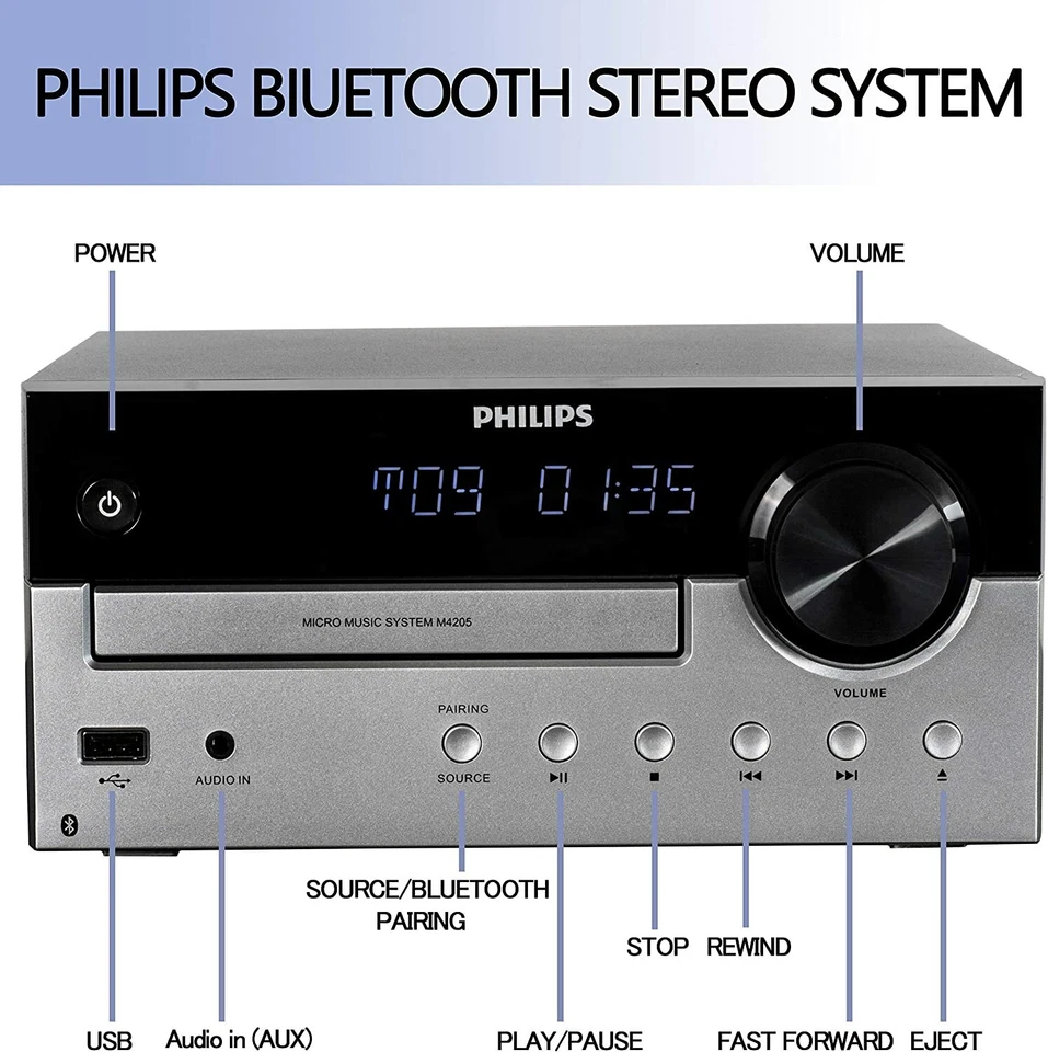 Sistema estéreo Philips Bluetooth con reproductor de CD, MP3, USB, entrada AU, radio FM Foto 4 de 4
