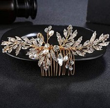 Wedding Gold Rhinestone Pearls Flower and Leaf Hair Comb Bridal Vintage Headp...