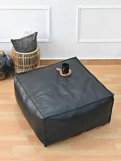 Black Leather Moroccan Footstool Pouffe Ottoman Boho Unstuffed Genuine New 20''