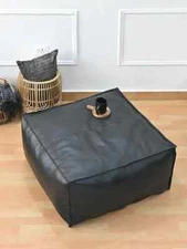 Black Leather Moroccan Footstool Pouffe Ottoman Boho Unstuffed Genuine New 20''