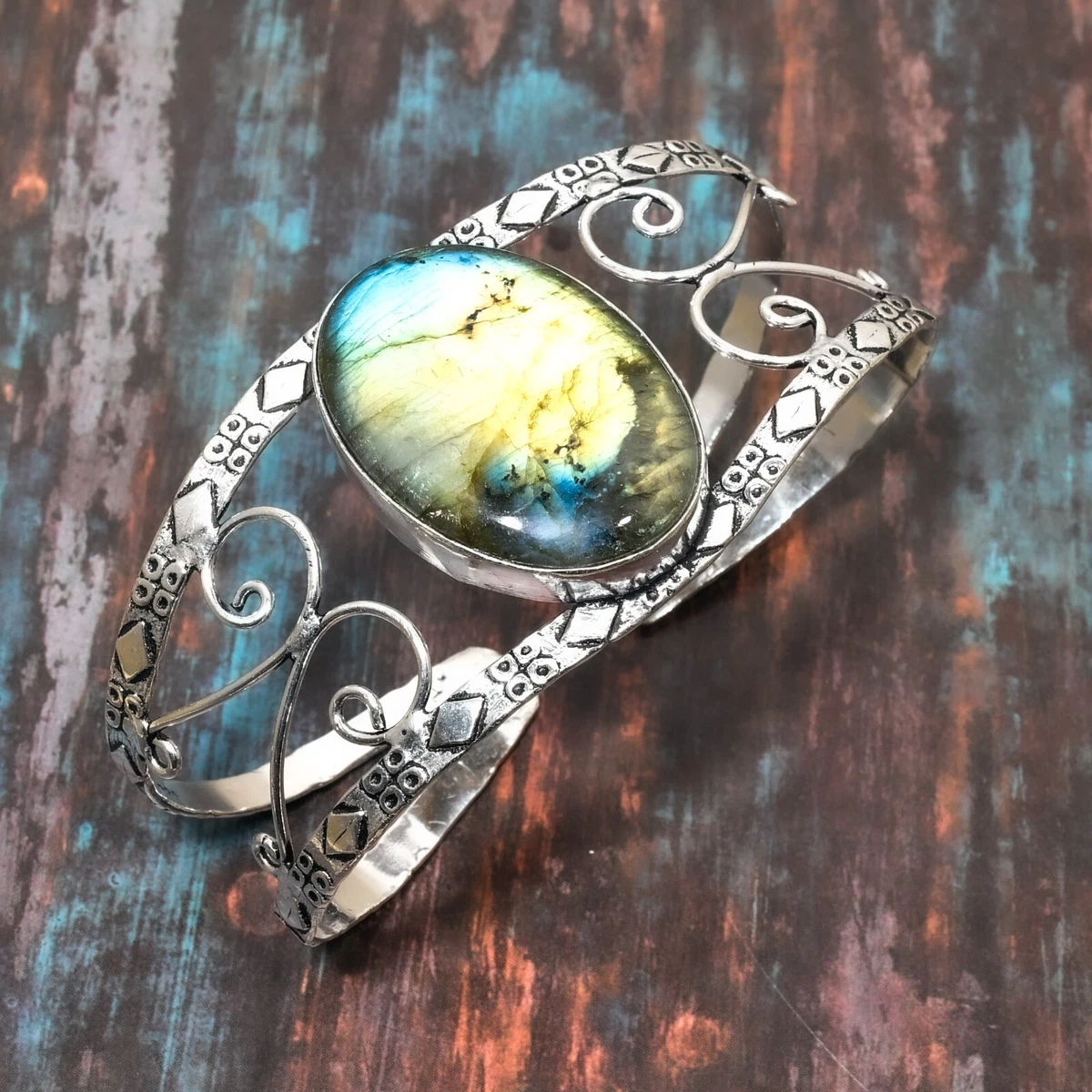 Labradorit Edelstein Handarbeit 925 Sterling Silber Armreif verstellbar Schmuck