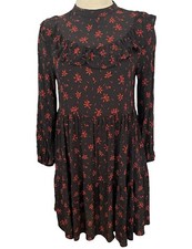 ZARA Womens Size XS Black Red Floral Babydoll Bib Long Sleeve Ruffle Swing Dress