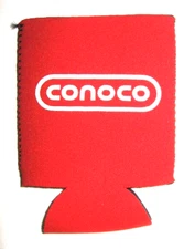 Can Bottle Koozie Conoco Oil White Logo on Red Background