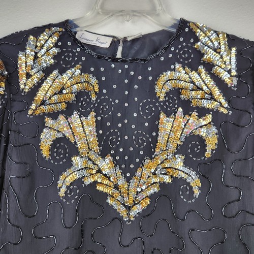 Vintage Laurence Kazar Long Sleeve Sequin Silk Black Gold Top Blouse Size L - Picture 4 of 11