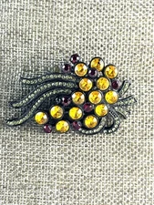 Vtg Abstract Brooch or Pendant Citrine, Lime, and Ruby Rhinestone Japanned Metal