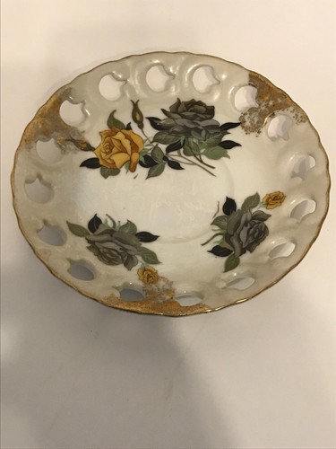 Vtg Lusterware Tea Cup and Saucer Reticulated Yellow / Gray Rose Japan Open Lace - Picture 3 of 5