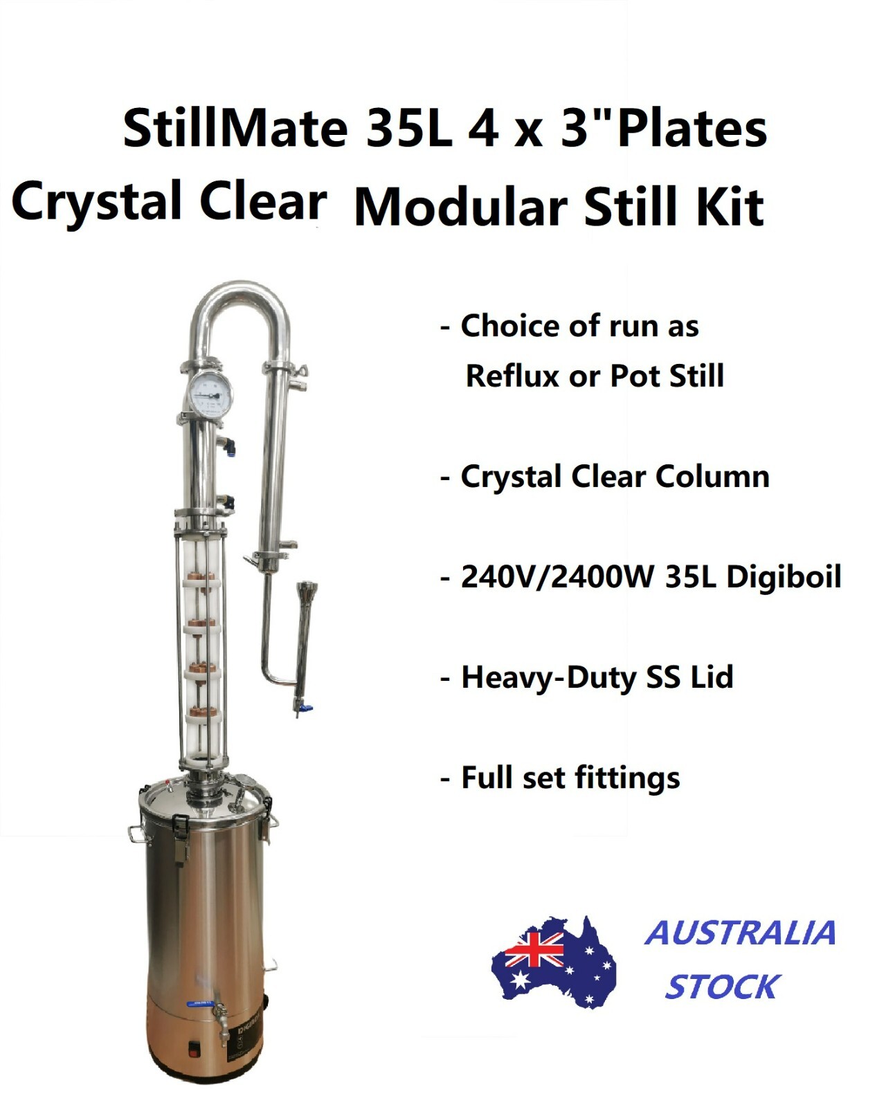 StillMate 35L Crystal Clear 4x3" Plate Pot Still Make Gin Whisky Bourbon Still