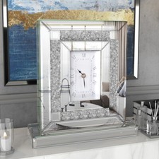 Crushed Jewel 33cm Mirrored Mantle Table Clock Mirror Frame Bling Diamante Clock