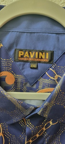 Designer Pavini Men’s Short Sleeve Fashion Button Down Shirt Size XXL Blue Gold - Picture 3 of 11