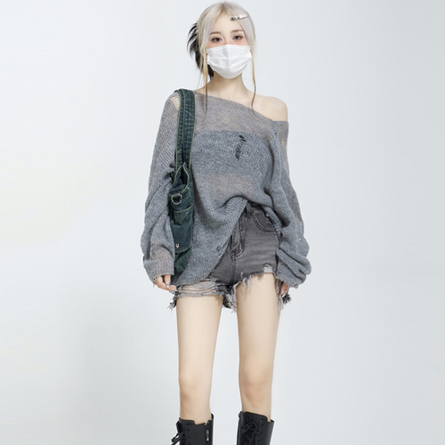 Lady Girl Hollowed Out Knit Shirt Ripped Thin Sweater Top Punk Casual Streetwear - Picture 5 of 5