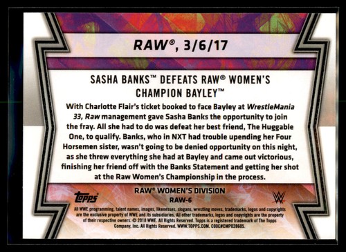 2018 Topps Women’s Division WWE Matches and Moments #RAW-6 Sasha Banks Defeats - Picture 2 of 2