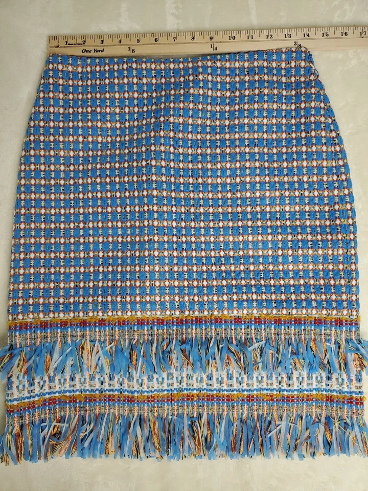 Saia lápis PER SE feminina tamanho EUA 2 franja de tweed boho azul branco  - Imagem 4 de 4