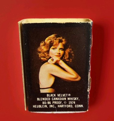 Rare 1974 Black Velvet Smooth Canadian Whiskey Matchbox w Cheryl Tiegs Ad
