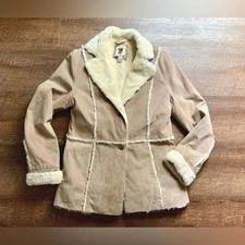 Y2K leather jacket faux fur vintage suede tan 2000s coat L EUC 77 Seventy Seven