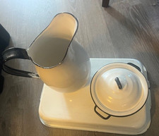 Vintage Enamel Wear White Coated Aluminum Baking Pan, Pot, Pitcher SET OF 3