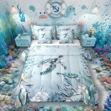 Teal Blue Sea Turtle King Comforter Set 7 Pieces Ocean Beach Bedding