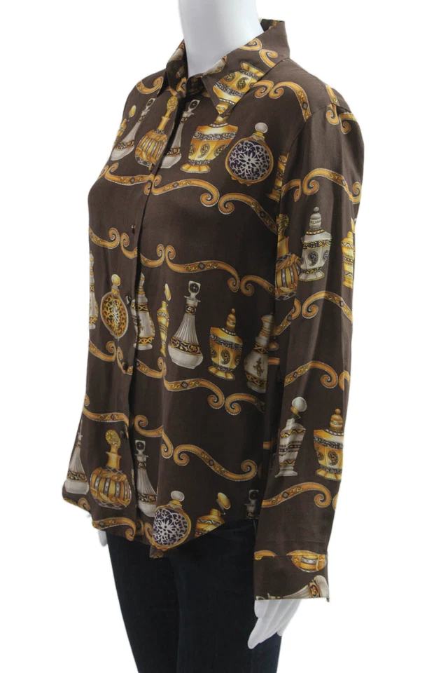 Блузка на пуговицах женская Lord & Taylor шелковая с воротником графическая коричневая размер 4 - Изображение 2 из 4