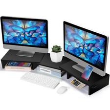 Dual Monitor Stand Riser, Adjustable Wooden Desktop Organizer, Phone Holder