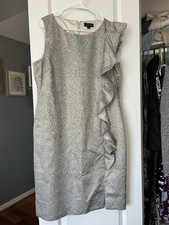 Tahari ASL Gold Brocade Sleeveless Cocktail Dress NWT Vertical Ruffle Size 16