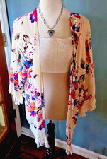 UMGEE Kimono Open Cardigan Large Duster Topper Multicolor Floral Boho Tassel - L