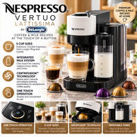 Nespresso Vertuo Lattissima Capsule Coffee Machine Blk/Wht 19 Bar Digital