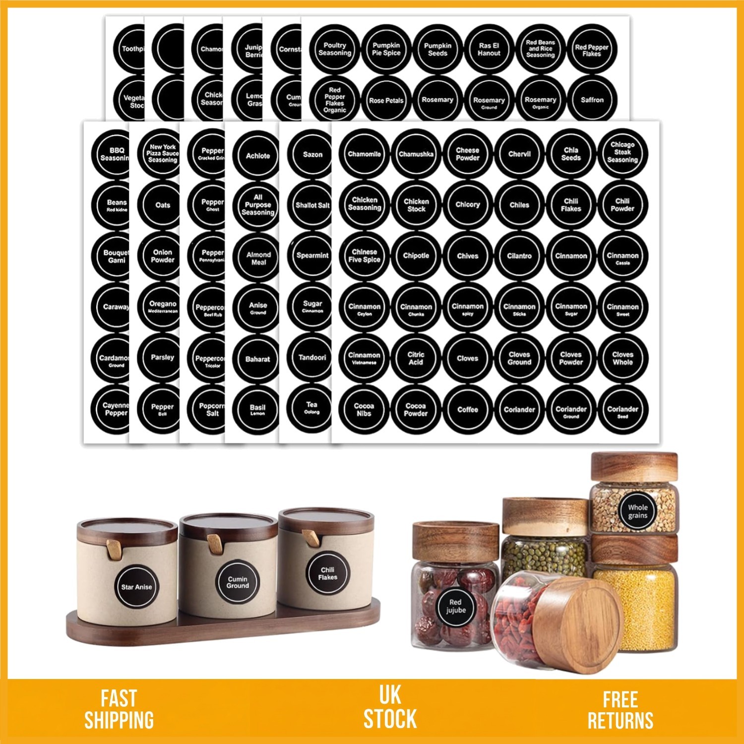 Elegant Round Spice Jar Labels Pre Printed Pantry Herb Stickers Black 432pcs