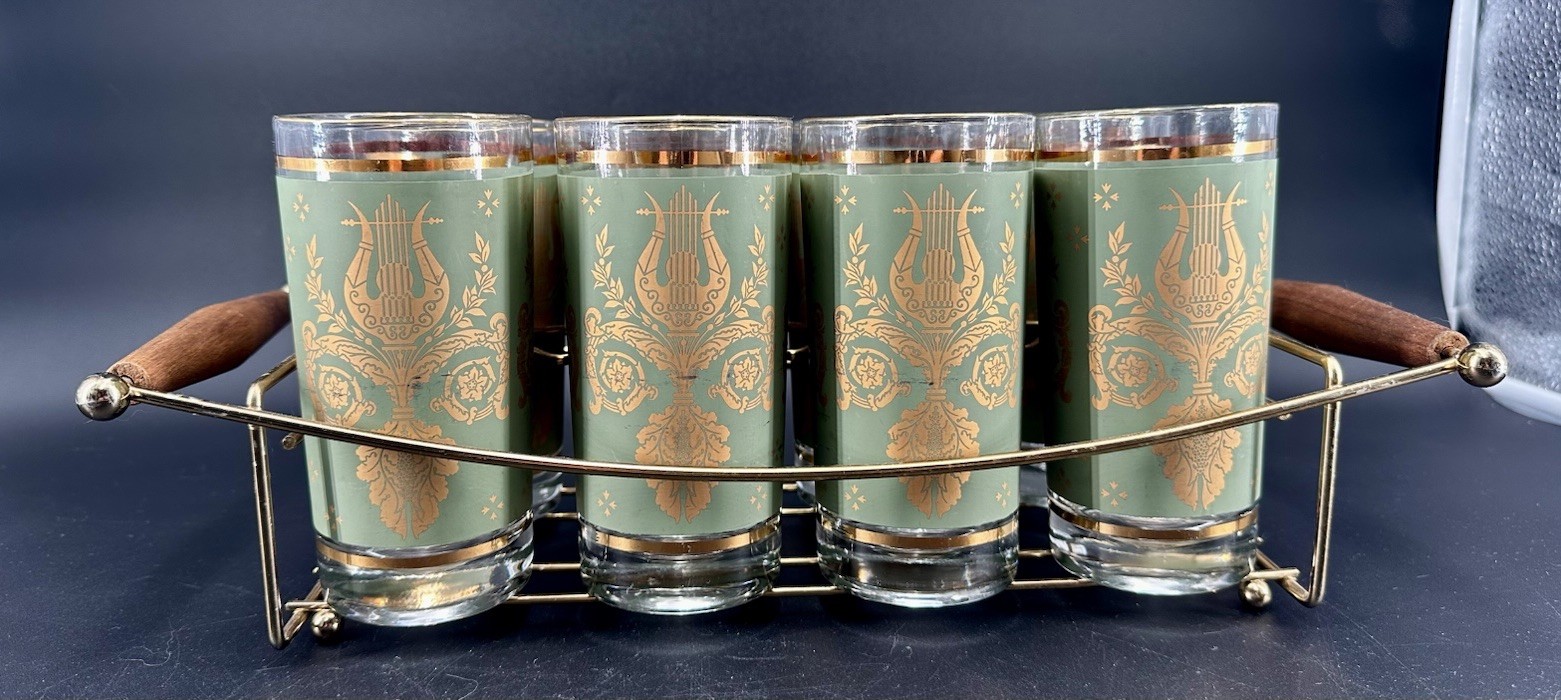 Jeanette Glass Co Laurel & Lyre 8 Piece Glass Set with Holder Vtg Green & Gold