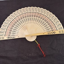 Chinese Carved Wood Folding Fan Wooden Ornate Floral Pattern With Original Box