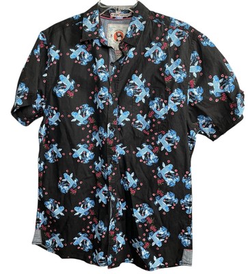 Disco Panda Men Blue Fish Pattern Collared Shortsleeve Shirt Size L